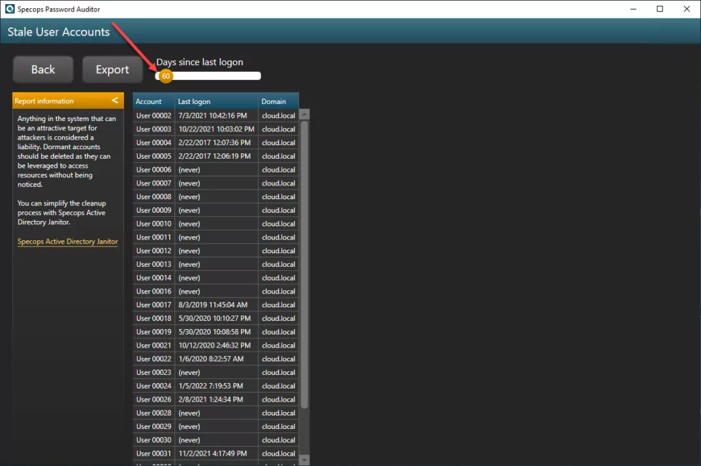 stale user accounts report view